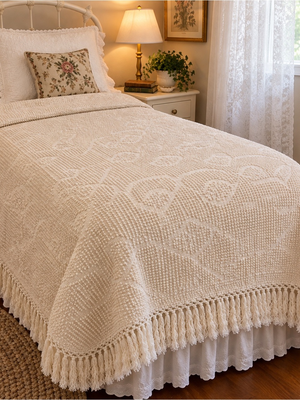VTG Crown Crafts Bates Twin Bedspread Cream Woven Matelasse Jumeau H139 Fringe